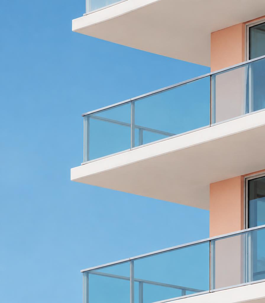 White balconies with glass railings and a soft peach wall against blue sky