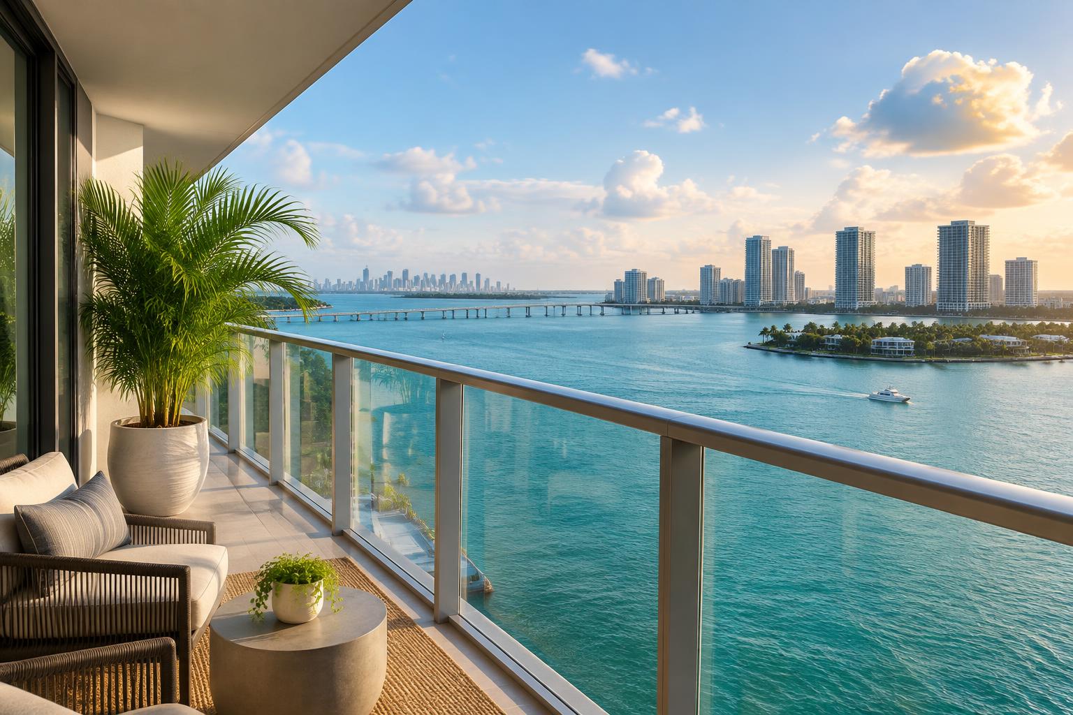 Modern balcony overlooking Biscayne Bay from an Edgewater residence