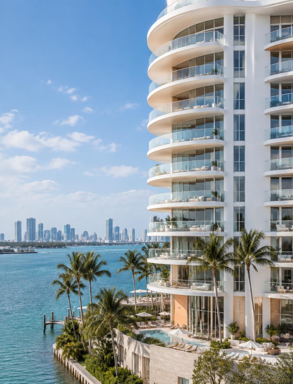 Curved white Edgewater condo tower above Biscayne Bay and palms