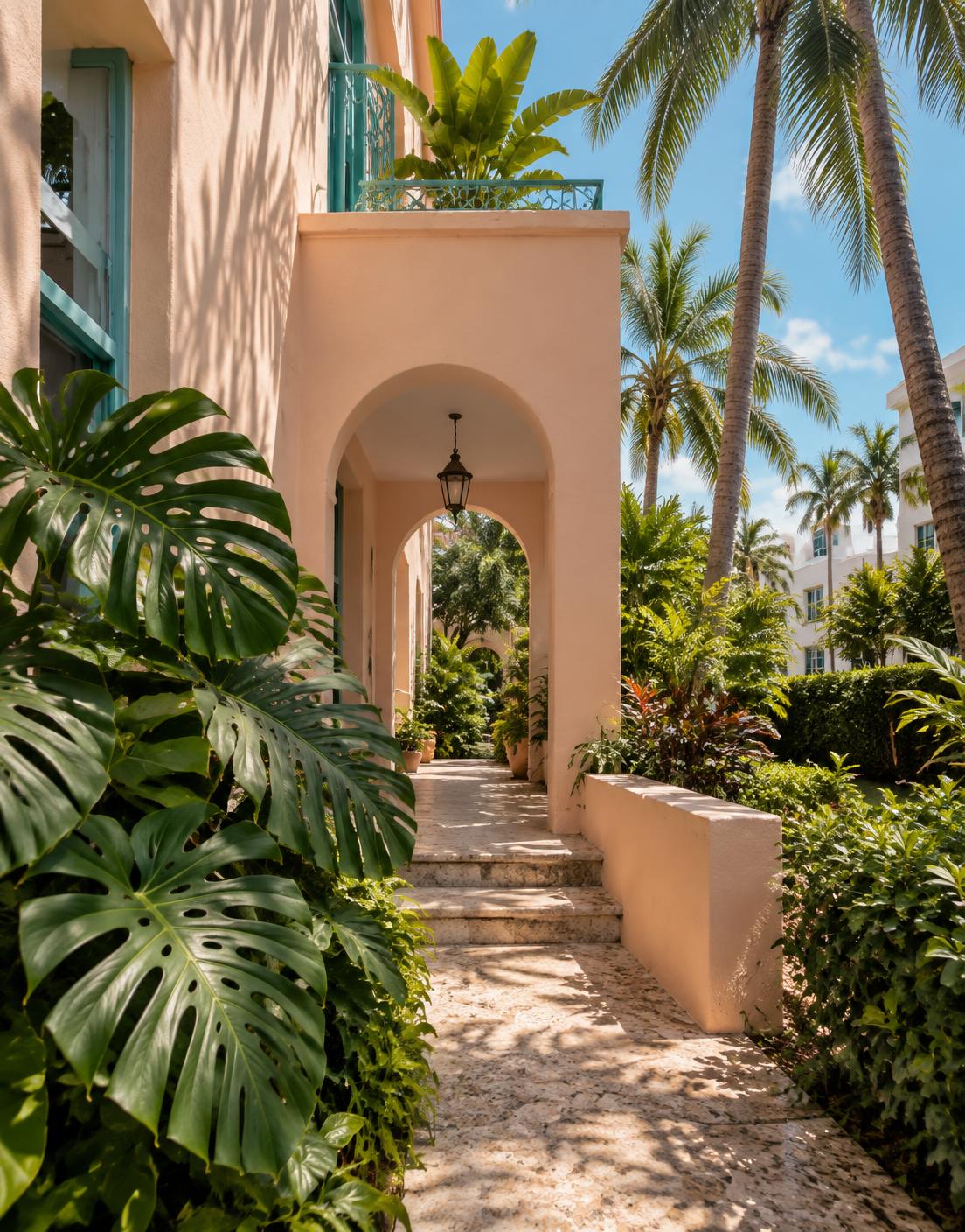 Palm-lined Miami walkway with peach-colored arches